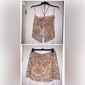 Y2K 2pc set Beige & Brown Paisley Halter Top with Ruffle Mini Skirt NWOT